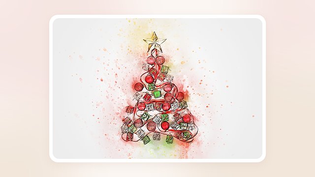 赤いオーナメントとプレゼントの箱で形づくったクリスマスツリーの水彩イラスト