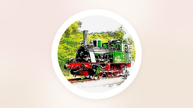 緑と赤の蒸気機関車を描いた水彩イラスト