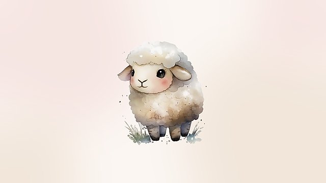 ふわふわの毛の子ひつじを描いた水彩イラスト