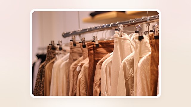 ハンガーラックに並ぶベージュや白のジャケットとシャツ